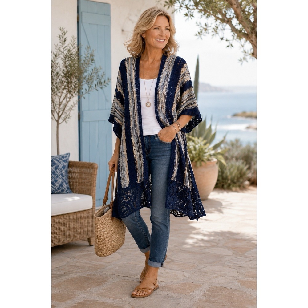 Chicos Open Knit Lace Hem Cardigan Kimono Navy Stripe Boho Slim Cover Up